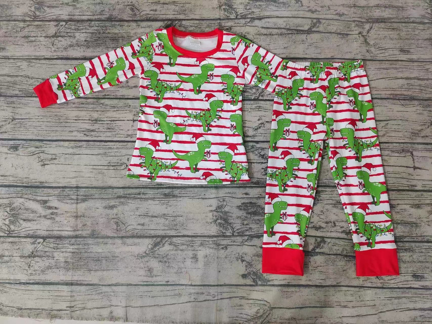 preorder green dinosaur stripe long sleeve girl pajamas 0924