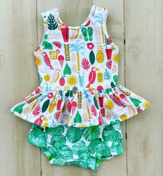 preorder colorful birds leaves print sleeveless bummie set girl outfits 0303