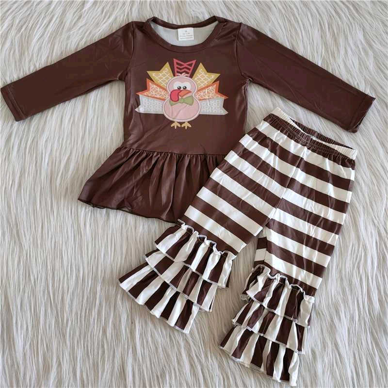 Thanksgiving day ruffles top turkey stripes long sleeve  bell bottom outfit