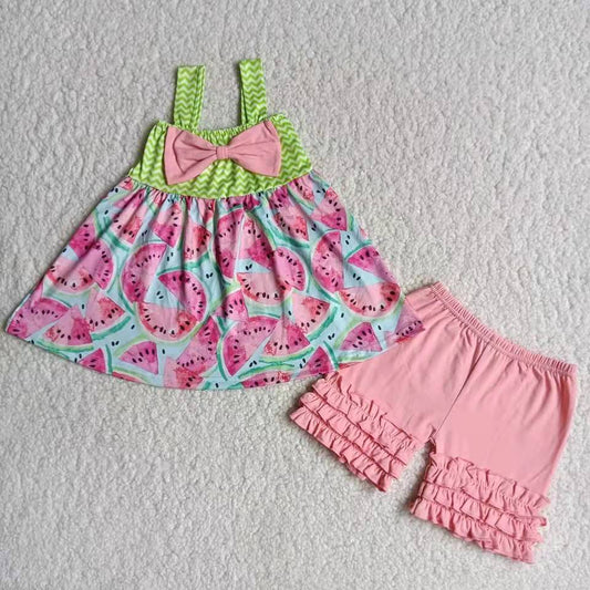 promotion B3-3 shoulder strap watermelon pink green bow short sleeve shorts girl outfits