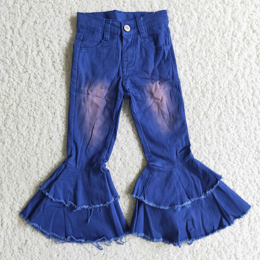 blue bleached double ruffles button jeans denim pant