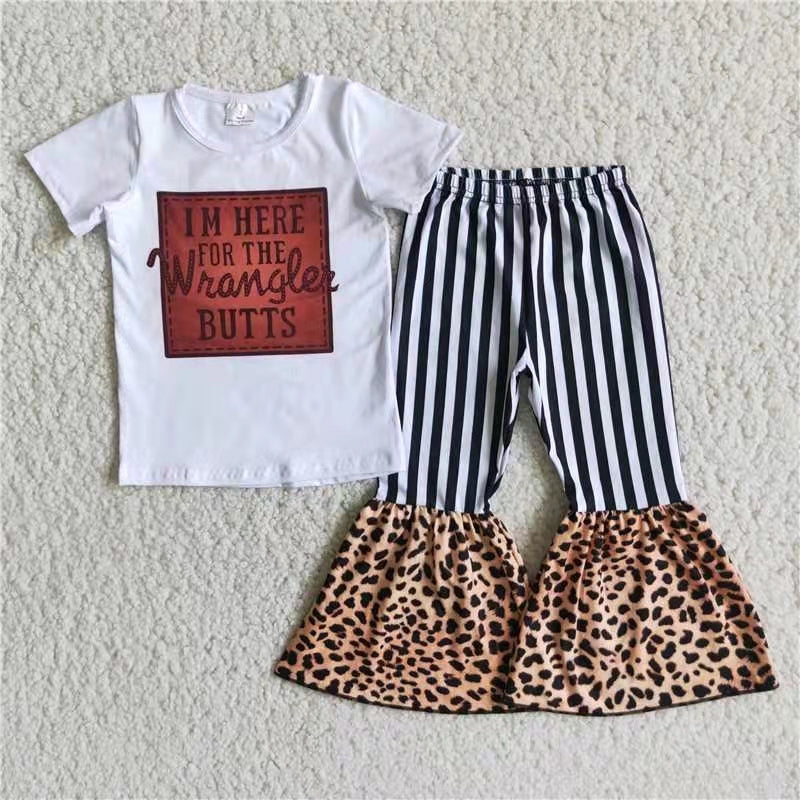 promotion C5-10  I am here for the butts letters leopard print stripe short sleeve bell bottom pant outfit