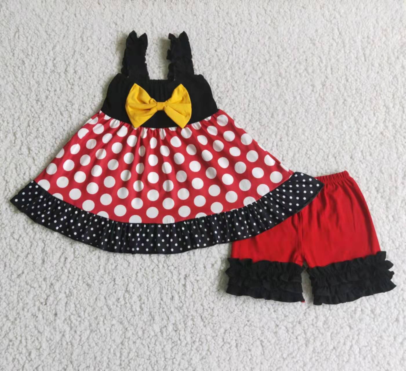 promotion RTS cartoon shoulder strap black red white dot yellow bow short sleeve shorts girl outfits 202404