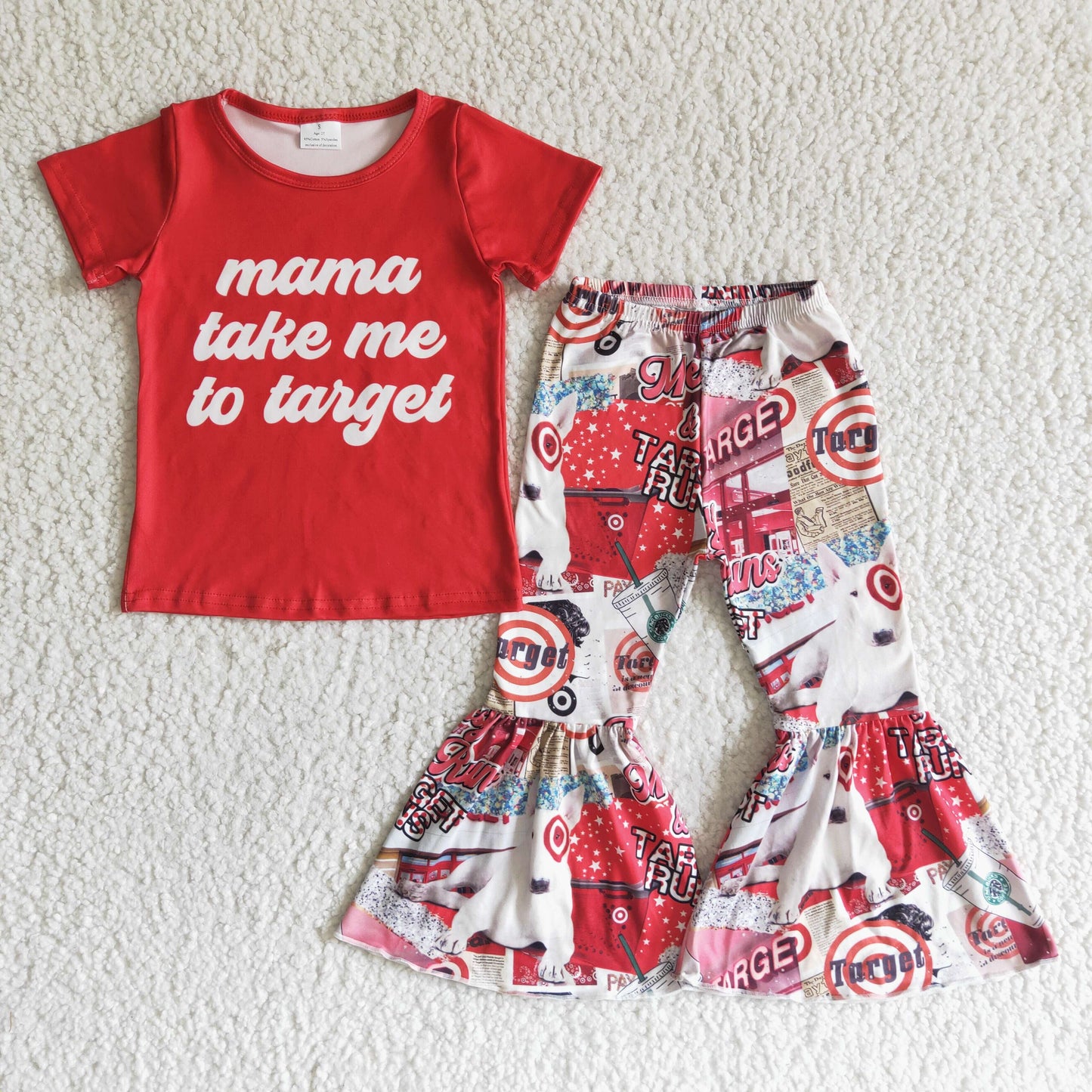 promotion GSPO0006 mama take me to target letters red short sleeve bell bottom girl outfits 20230316 RTS