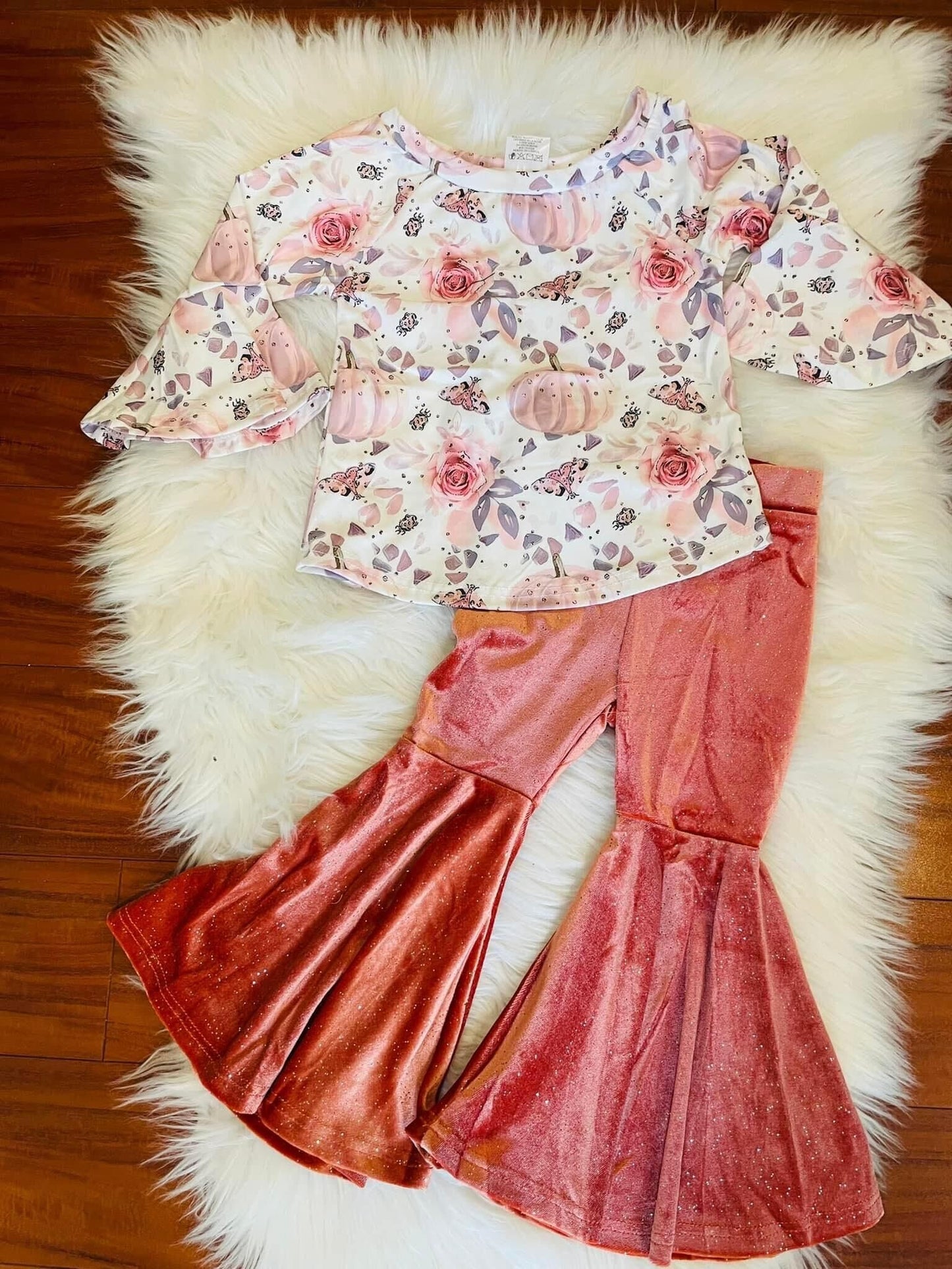 RTS 0808 red pumpkin flower print flare long sleeve off shoulder pink bell bottom outfit girl clothes