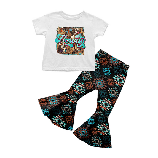 preorder howdy white top AZTEC black pants short sleeve bell bottom girl outfits 0303 March