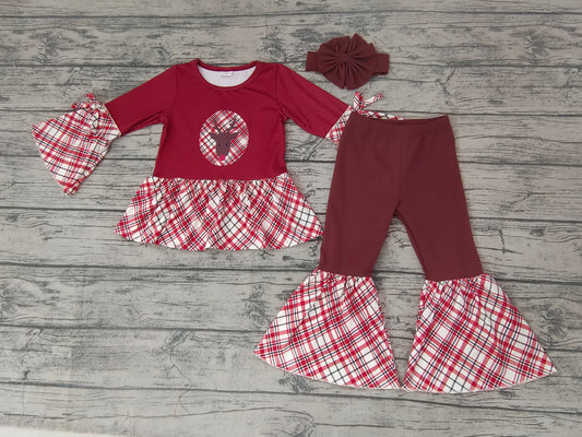 Preorder (headband pls choose below )cow red plaid bow flare long sleeve girl outfit 0912