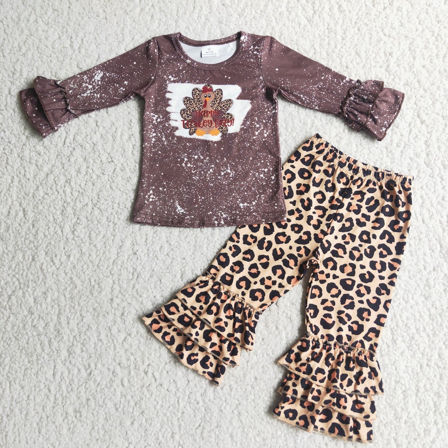 Thanksgiving Day turkey print leopard ruffles  Long sleeve bell bottom outfits 0929 RTS