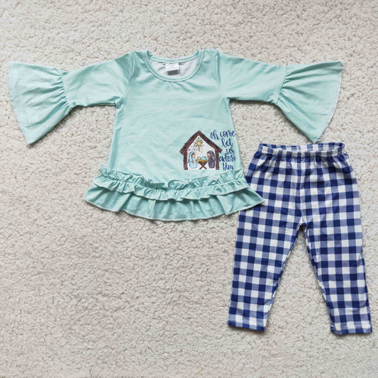 promotion 6 C10-27 mint nativity girl blue white plaid long sleeve legging pants outfits