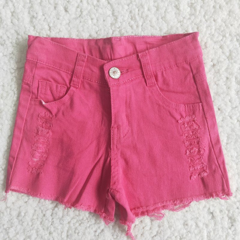 RTS girl button hotpink ripped denim shorts 0524