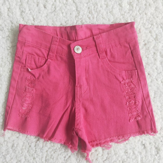 RTS girl button hotpink ripped denim shorts 0524