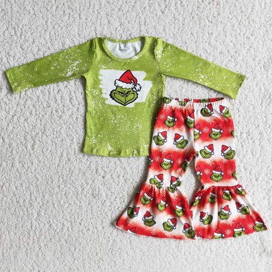 Christmas girl green cartoon long sleeve bell bottom pants outfits