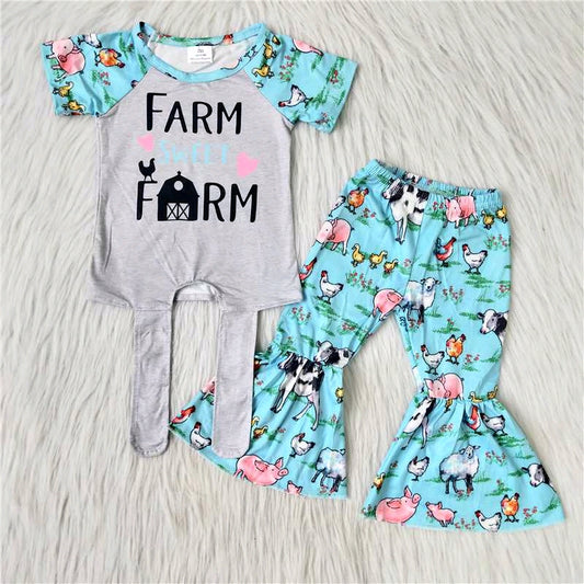 promotion C3-15 crisscross blue raglan farm sweet letters pig short sleeve bell bottom pant girl outfit