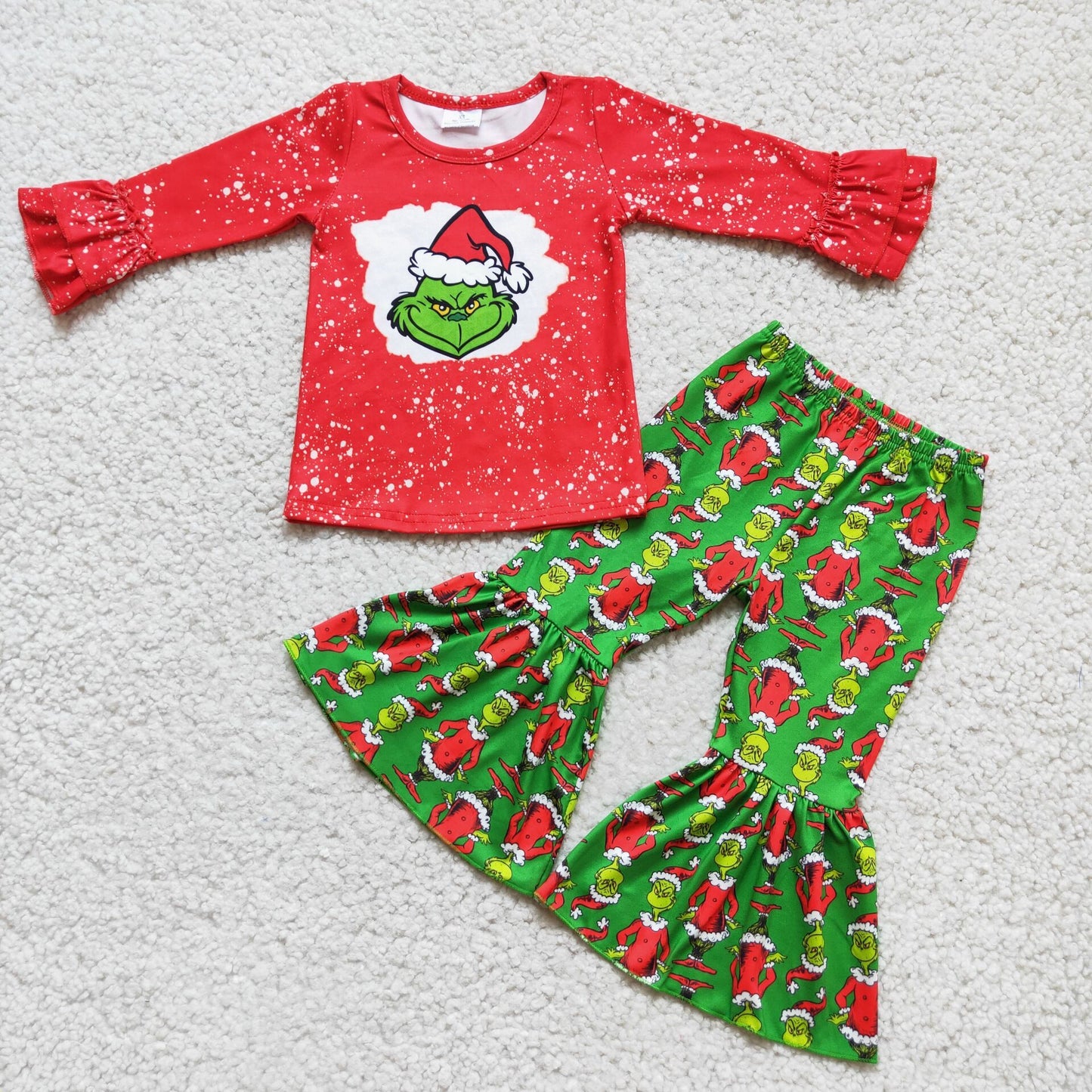 RTS Christmas girl green cartoon red ruffles long sleeve bell bottom pants outfits 0525