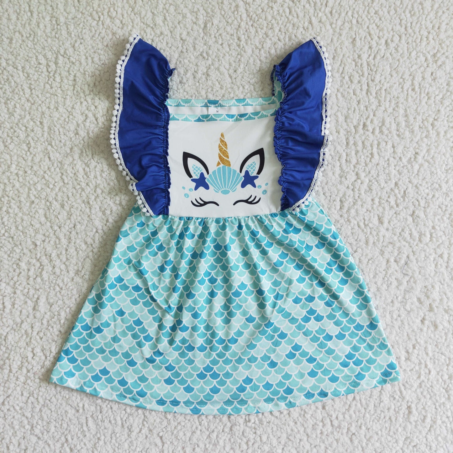promotion A9-1-1 Unicorn pattern cartoon blue puffy sleeve fish scale dress 0503