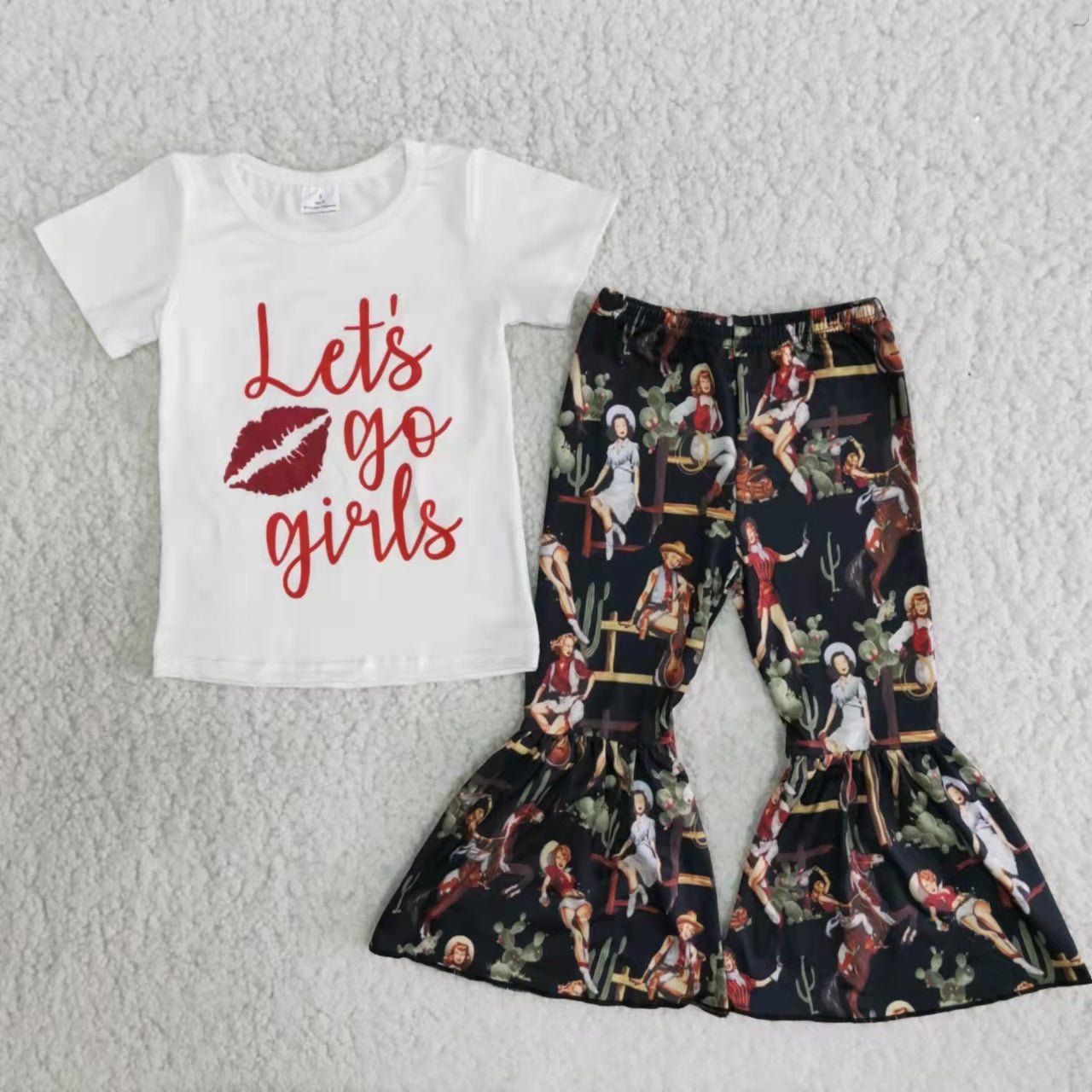 promotion B7-15 RTS let's go girls letters oil painting short sleeve bell bottom pant outfit 0806 RTS