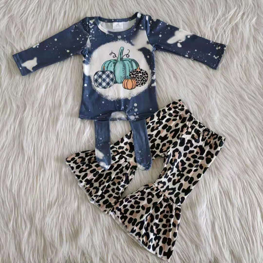 pumpkin blue crisscross leopard long sleeve bell bottom outfit