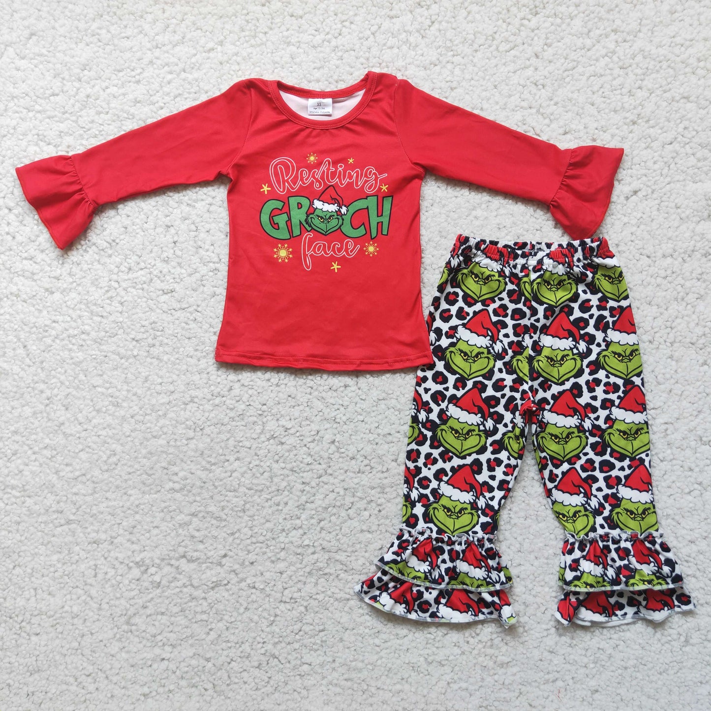 promotion 6 A1-17 Christmas girl green GRIN cartoon red leopard lace long sleeve pants outfits 1128 RTS