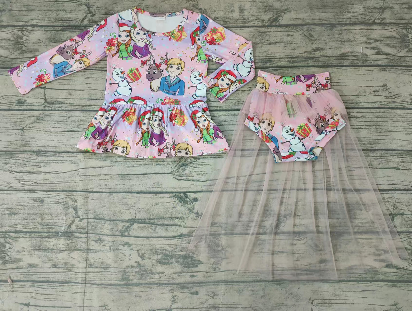 preorder Christmas cartoon long sleeve Tulle gauze girl bummie outfit 0808