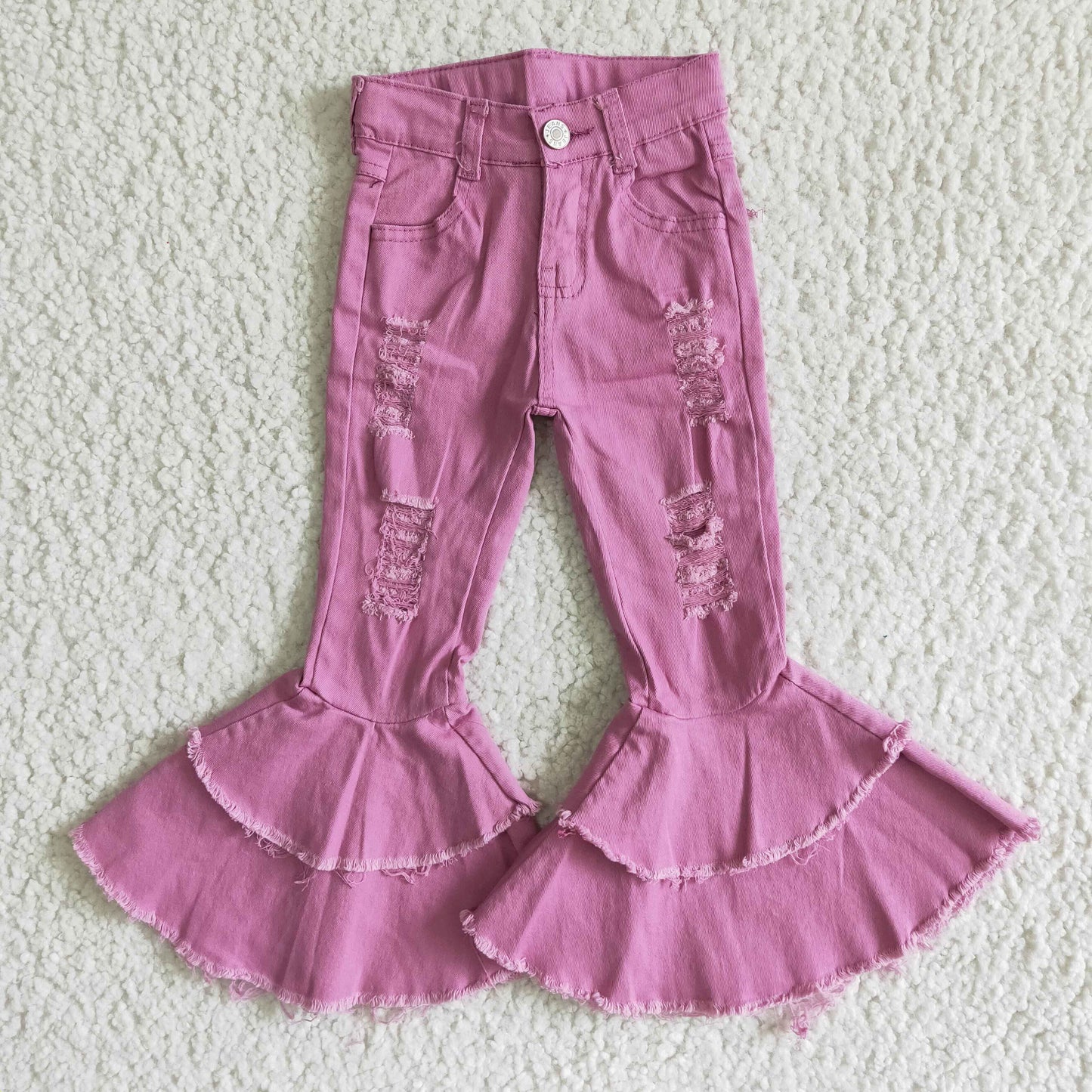 Girls double ruffle purple pink denim pants