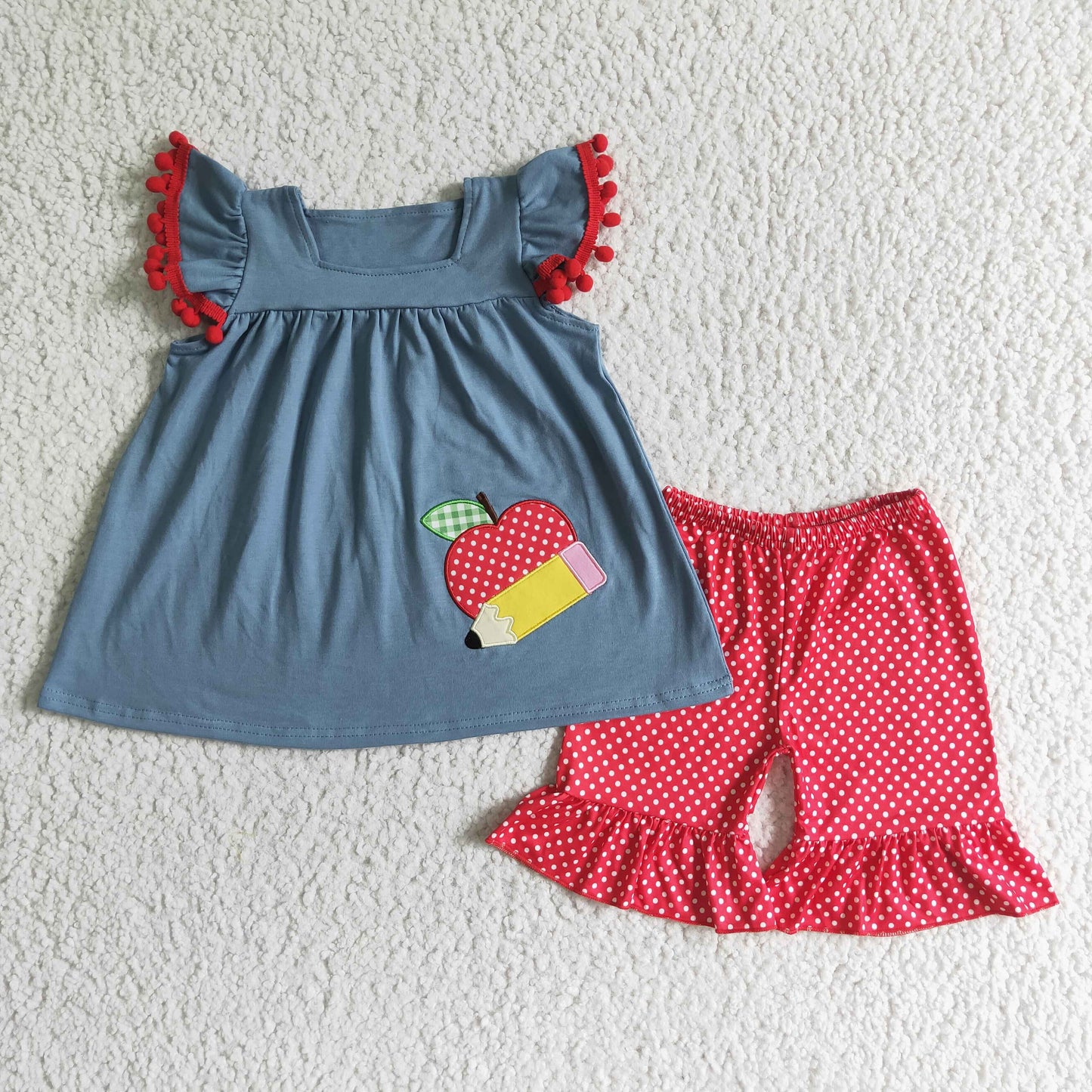 GSSO0120 RTS embroidery back to school apple ABC pencil puffy gray blue top red white dots shorts summer girl outfit 20230421 RTS