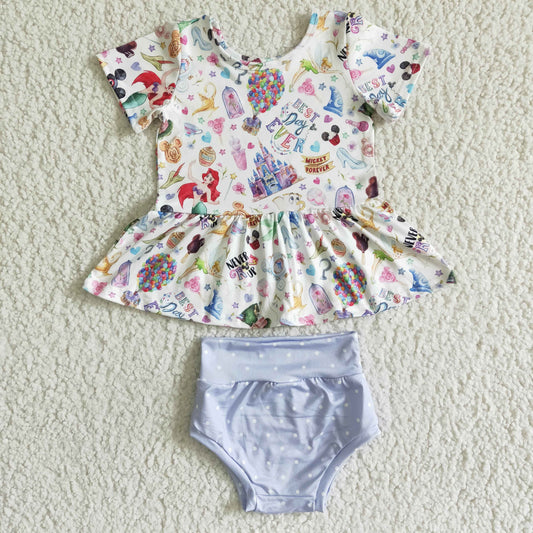 promotion RTS GBO0026 cartoon mouse mermaid castle print short sleeve white dot blue bummie set 0408