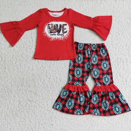 promotion 6 A7-28  Thanksgiving Red love family plaid blue floral long sleeve bell bottom pants outfit