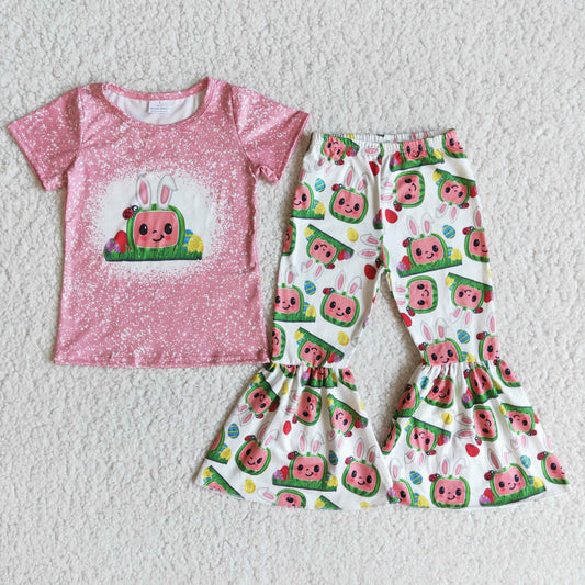 Promotion RTS E9-13 cartoon watermelon rabbits pink dot short sleeve bell bottom girl outfits