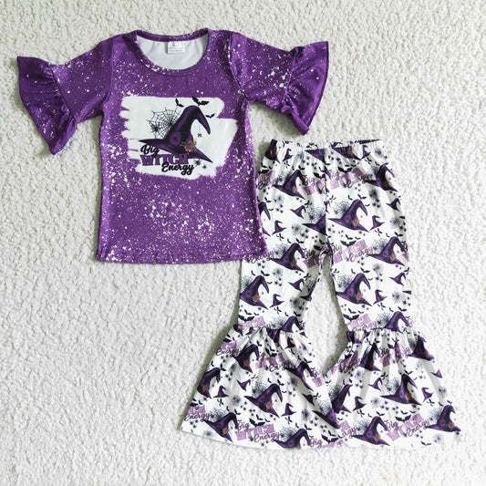 0622 RTS purple flare sleeves top witch hat bell bottom pants girl outfit bat spider