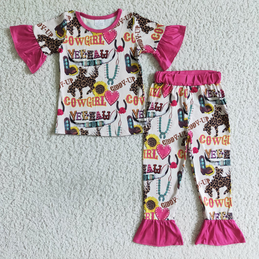 RTS girl pink ruffles yak cow short sleeve pajamas Cow girl outfit 0722