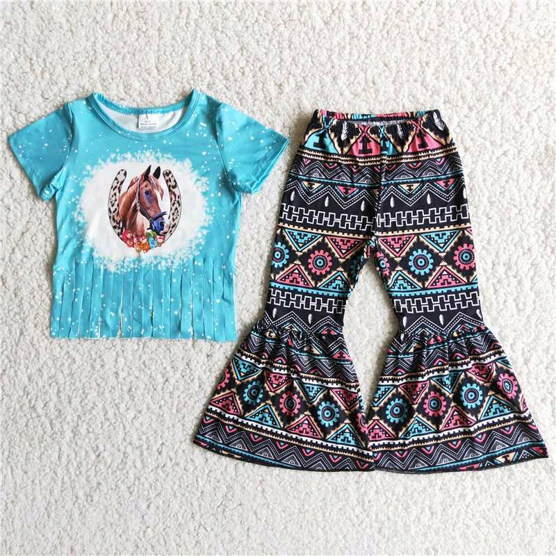 promotion  D6-13 blue horse tassels short sleeve bell bottom outfit