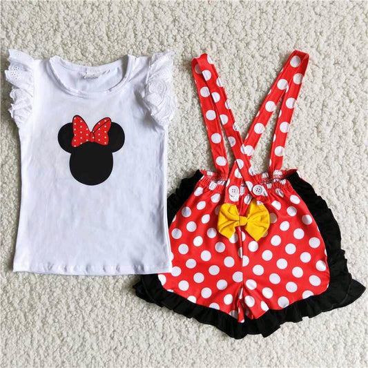 red cartoon mouse short sleeve short suspender shorts girl summer outfit 0311