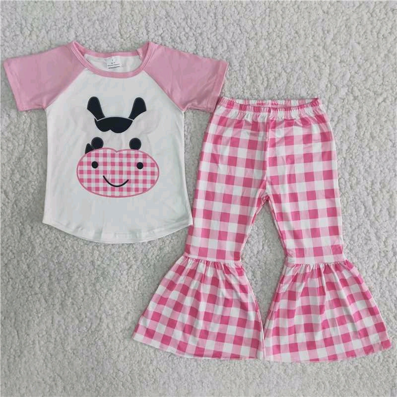 promotion B9-11 pink raglan cow plaid short sleeve bell bottom pant girl outfit 20230308 RTS