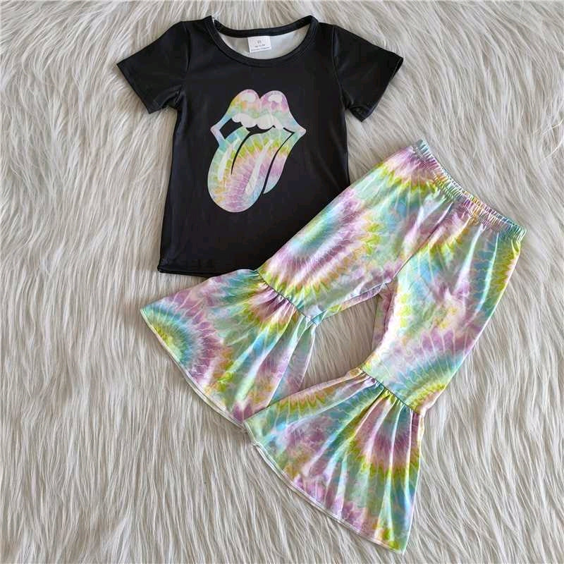 promotion C1-14 black mouth tongue colorful short sleeve bell bottom pants outfit