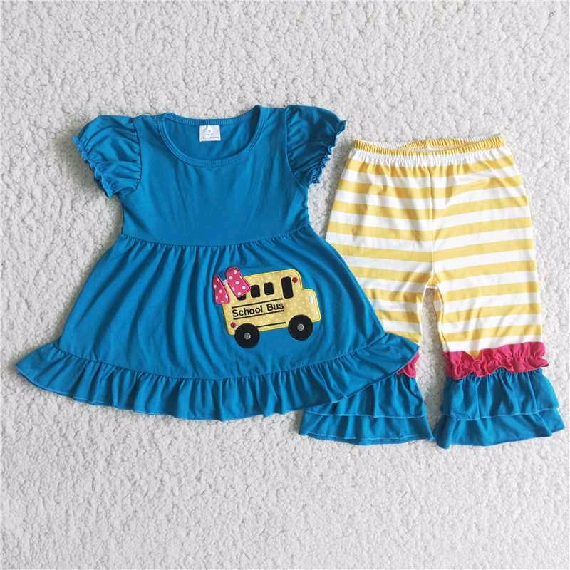 school bus embroidery ruffles stripe blue short sleeve long pant outfit