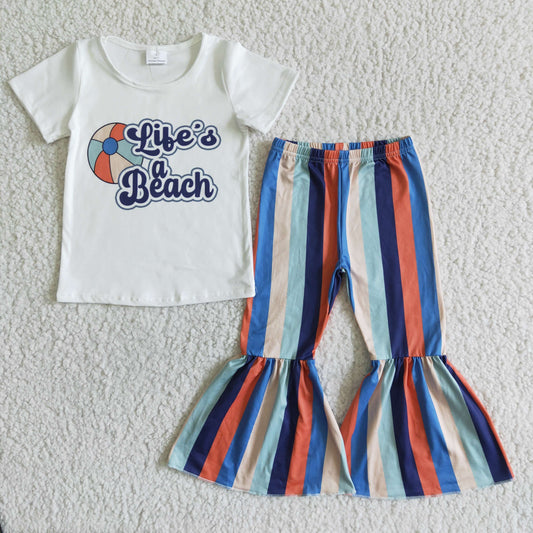 promotion GSPO0061 beach ball stripes girl short sleeve bell bottom outfit