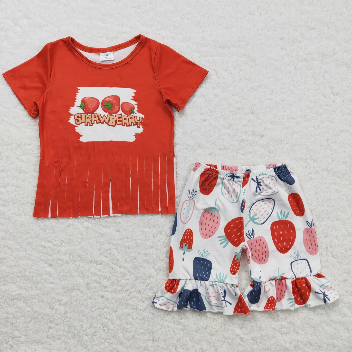 Promotion B5-4 RTS Strawberry tassel red top ruffles short pants set 1121