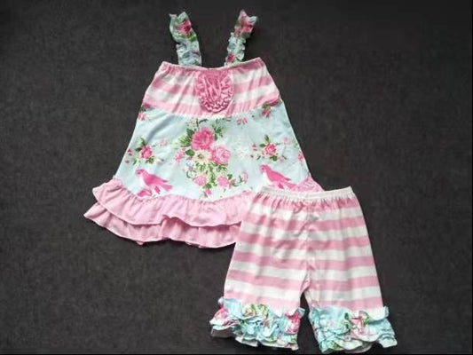 shoulder strap pink white stripe flower ruffles short sleeve shorts girl outfits