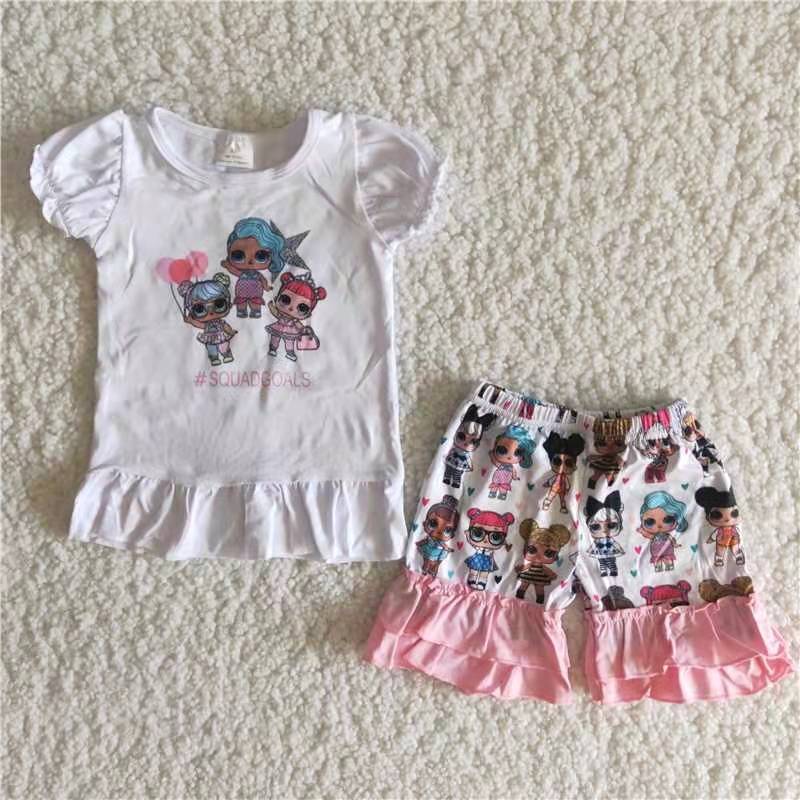 white cartoon glasses pink ruffles girl short sleeve shorts outfits