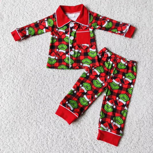 Chrismas boy green cartoon red collar long sleeve top pants pajamas outfits