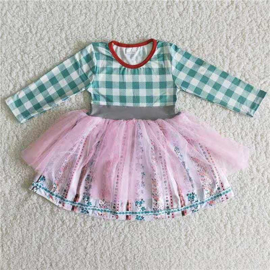 Pink tulle plaid long sleeves gauze girl dresses