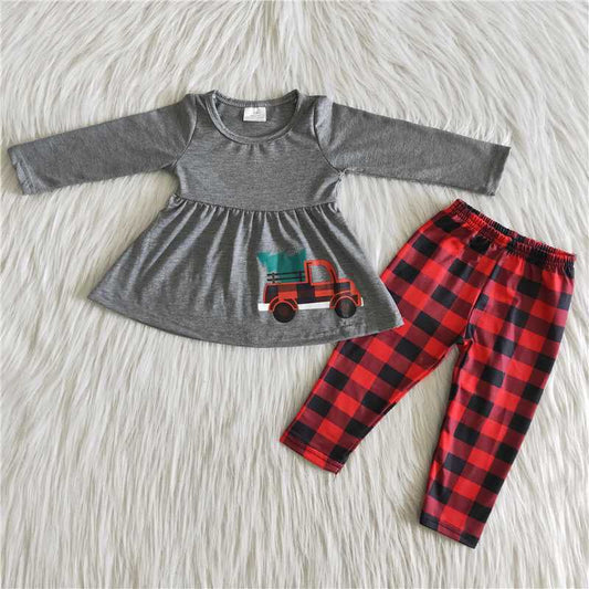 grey christmas car print plaid girl long sleeve legging pant outfit