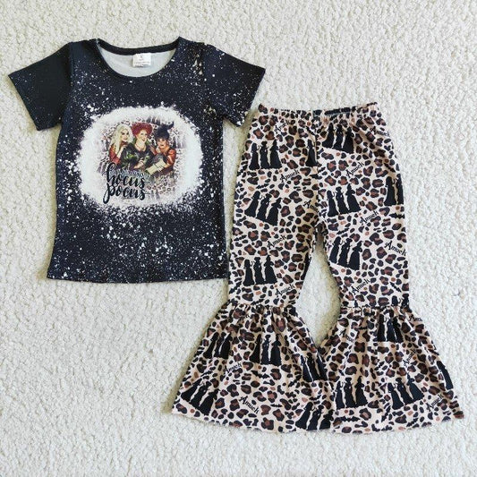 RTS black top short sleeve cartoon print  leopard pants girl outfit clothes 0723