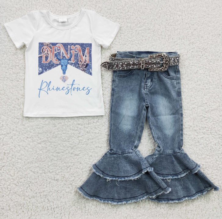 GSPO0462 rabbit 3pcs--choose belt western short sleeve gem denim jeans waistband belt girl outfit RTS 20230214