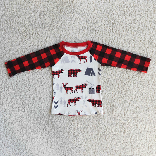 promotion 6 A33-1 Boy cartoon bear deer red black plaid raglan long sleeve top