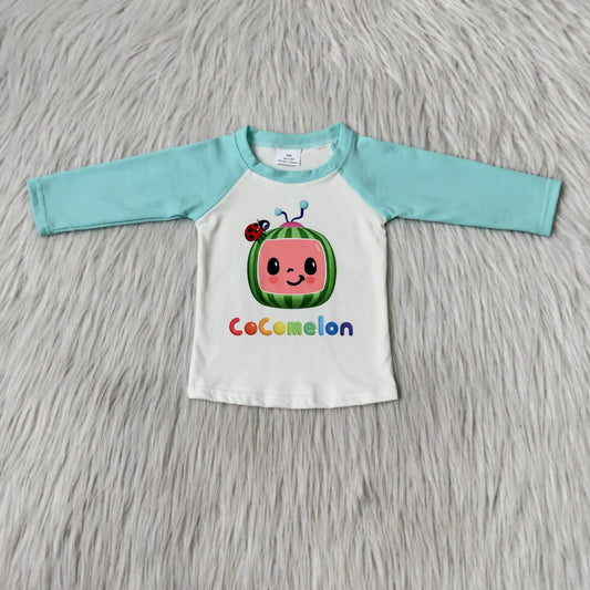 cartoon print watermelon boy blue raglan long sleeve top