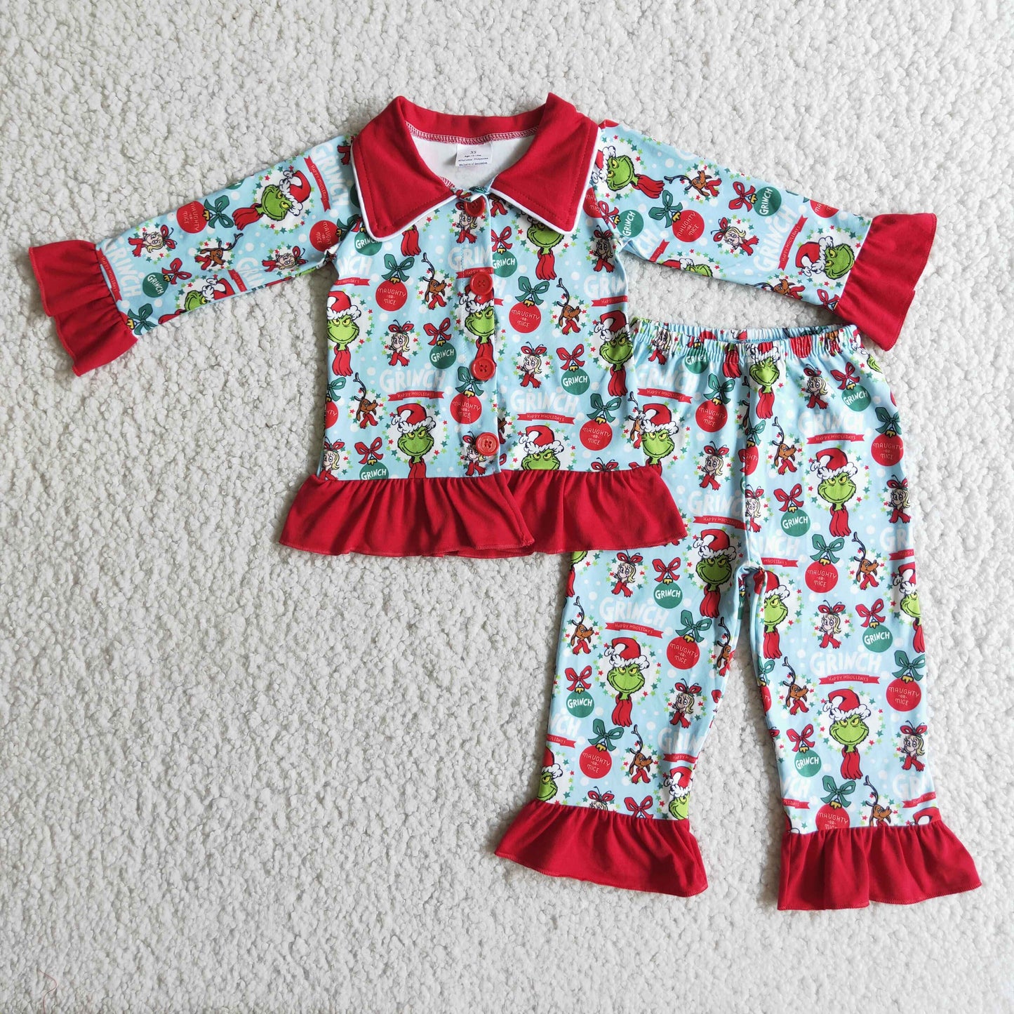 Christmas girls green cartoon red collar lace long sleeve pajamas outfits