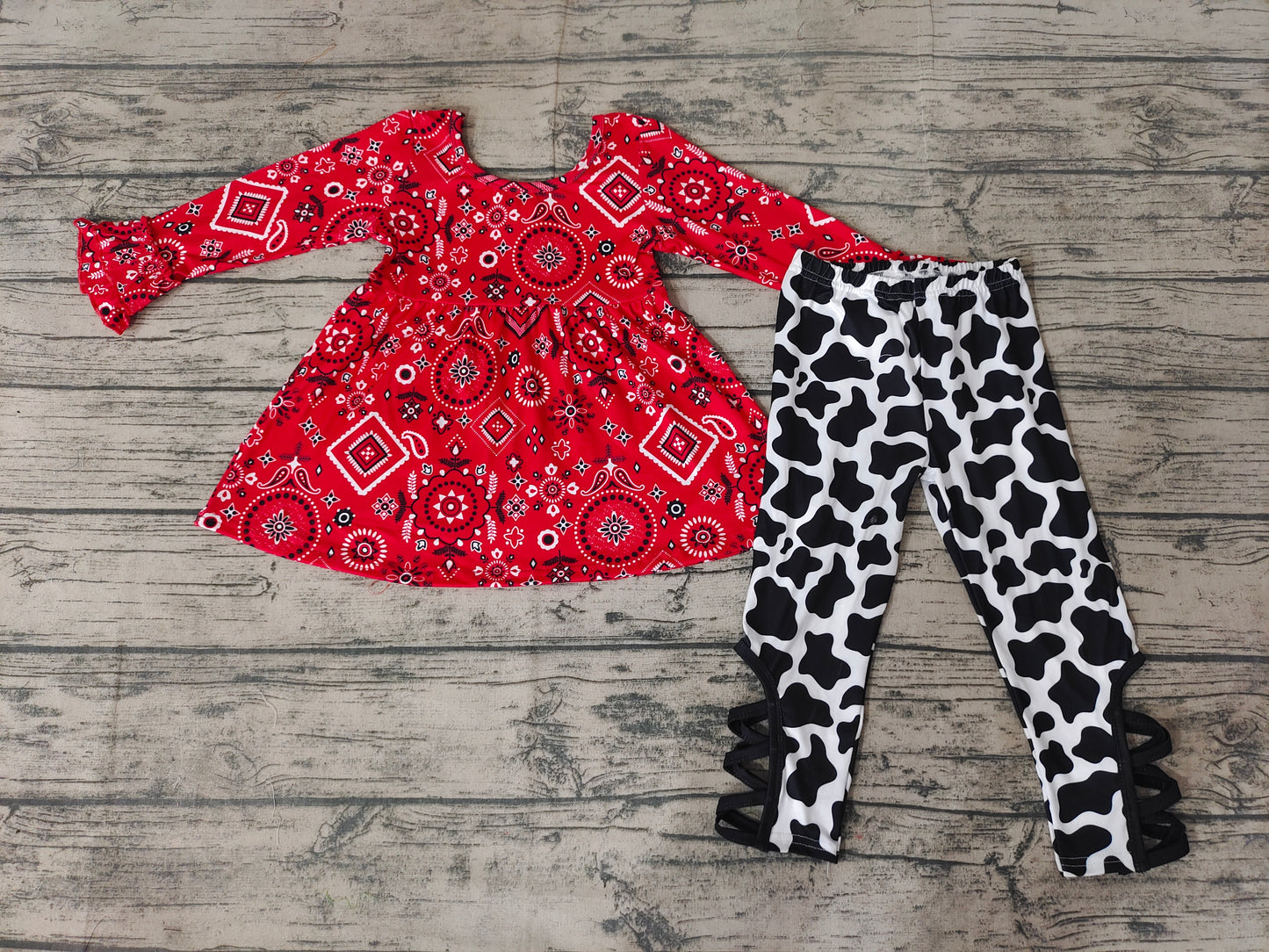 preorder red geometric graph flare long sleeve cow long pant legging girl outfit 0917