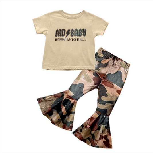 preorder yellow baby camo print short sleeve top bell bottom girl outfits 0307