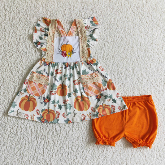 Halloween pumpkin lace short sleeve shorts summer girl outfit 0921